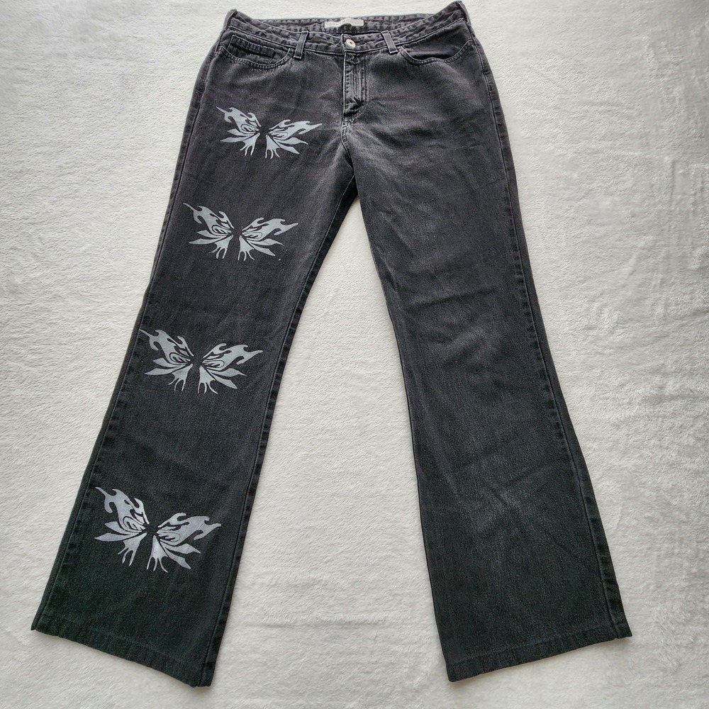 Tommy Hilfiger Butterfly Graphic Flare Jeans Womens 14 Black Betsy Y2K Grunge